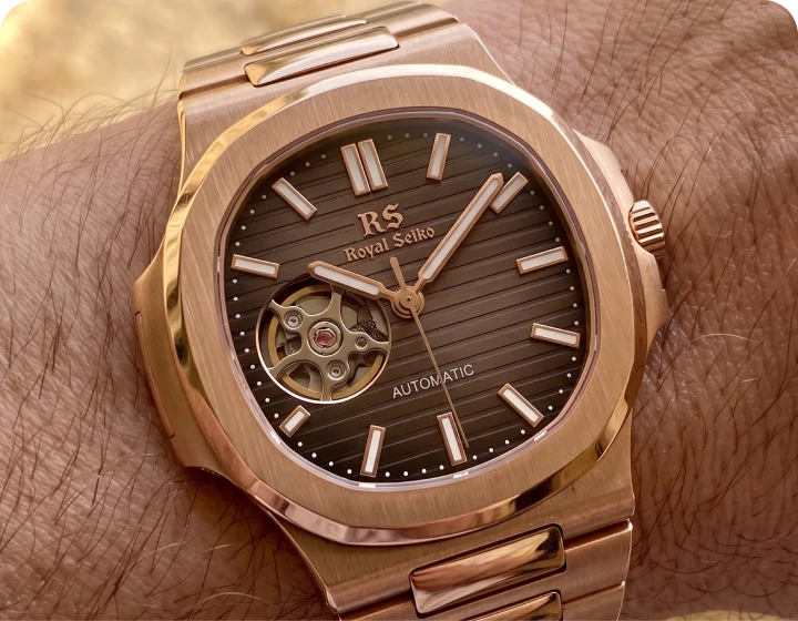 Rose gold Royal Seiko on a wrist