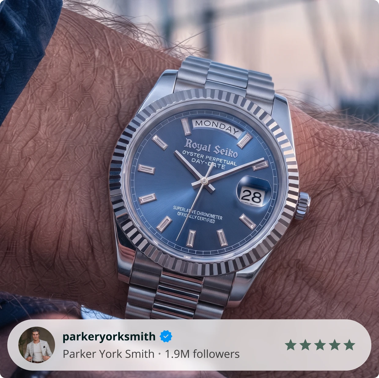 Parker York Smith wearing a Royal Seiko watch