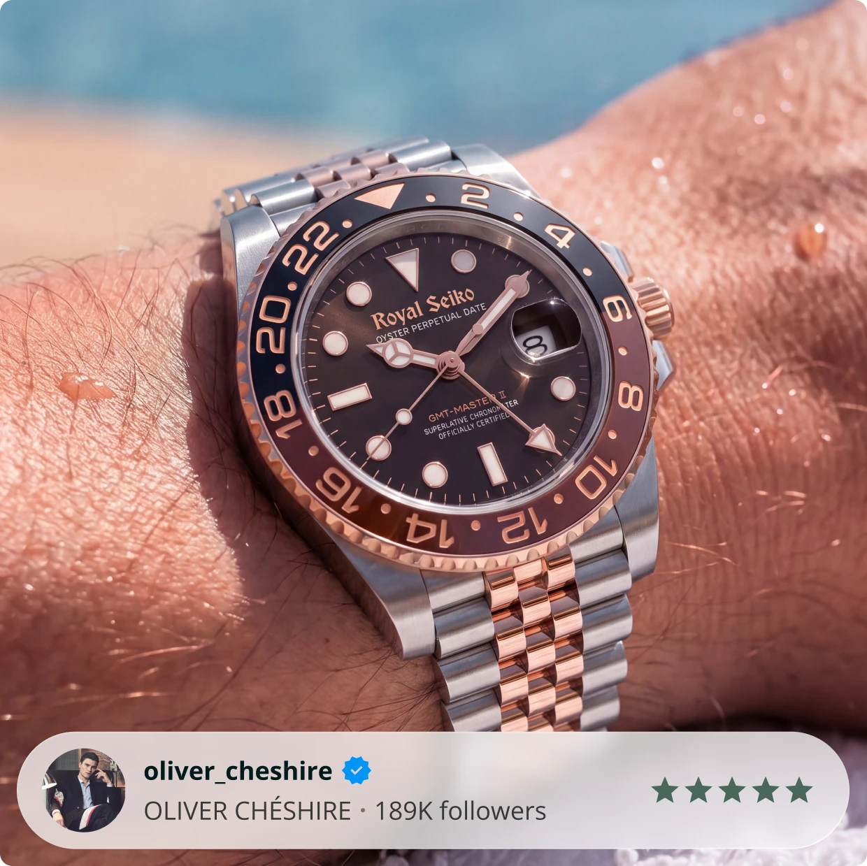 OLIVER CHÉSHIRE wearing a Royal Seiko watch