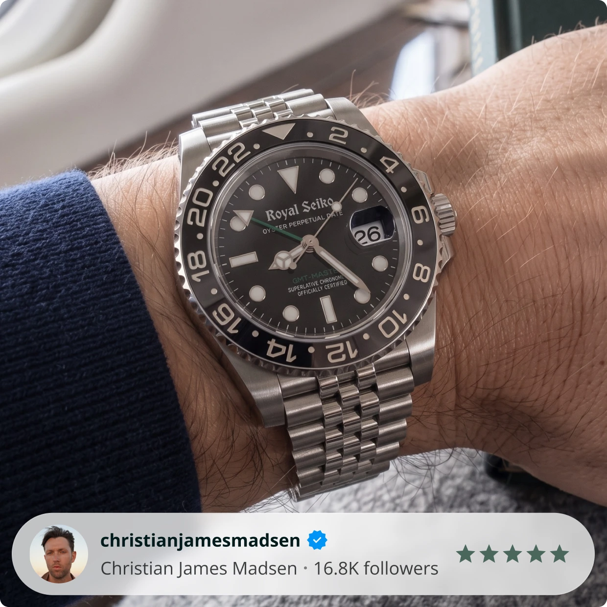 Christian James Madsen wearing a Royal Seiko watch
